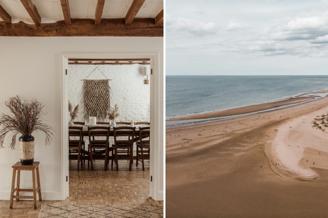 On the left, a rustic table through a doorway; on the right, a sandy beach in Norfolk from above
