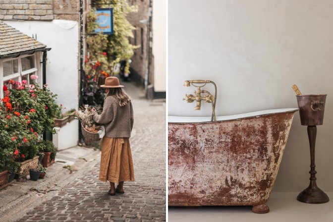 On the left, a girl walks down a cobbled lane with a basket; on the right, a vintage bathtub
