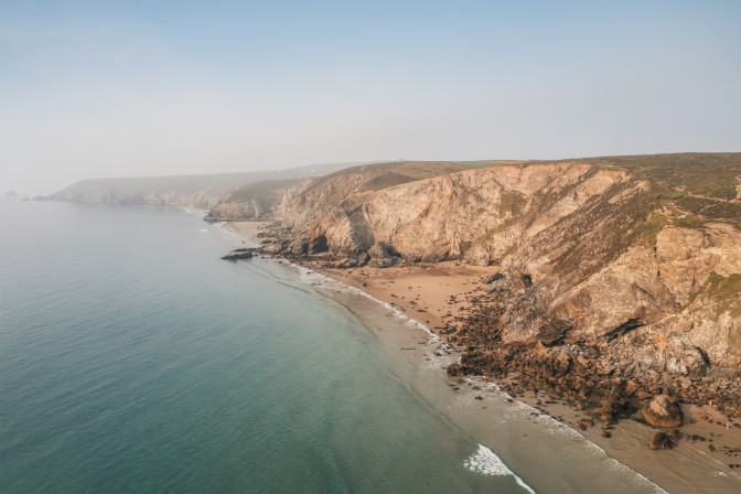 A drone image of a beach in Cornwall