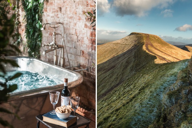 On the left, an outdoor copper tub with wine; on the left, the peaks of the Brecon Beacons