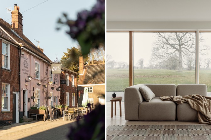 On the left, a street in Beccles in Suffolk; on the right, a modular sofa in a glass-walled room