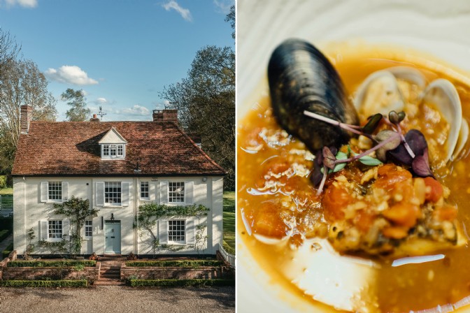 To the left is Clementine House in Essex, to the right is a bowl of Bouillabaisse
