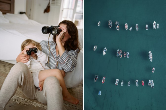 On the left, a woman and her daughter smiling with binoculars; on the right, an aerial view of boats