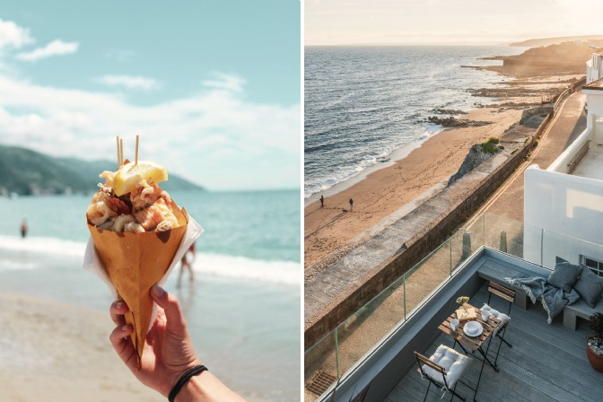On the left, festival street food on the beach; on the right, the terrace of property Villa Boden