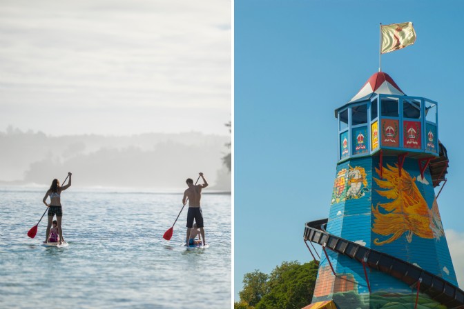 On the left, two adults paddleboarding with children sitting; on the right, a helter skelter ride