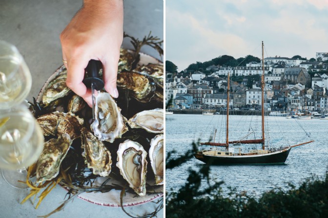 On the left, a hand reaching for an oyster; on the right, a sailing boat in front Falmouth Harbour