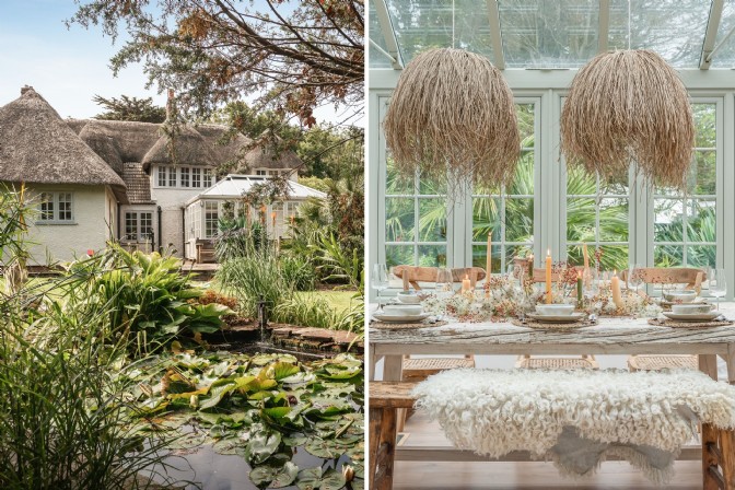 Quintessential thatched Cornish cottage, dinner table laid with hessian sheepskin and candles