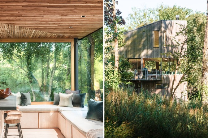 Inside out living with picture windows and wooden aesthetics, luxury tree house nestled in meadow