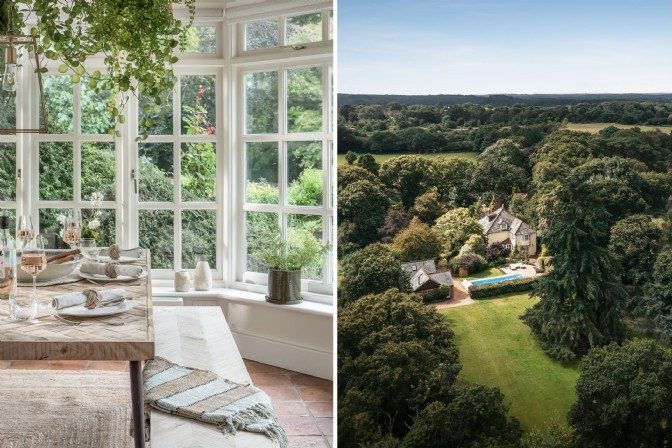 Rustic interiors red cobbled floors hanging plants, New Forest home nestled among countryside