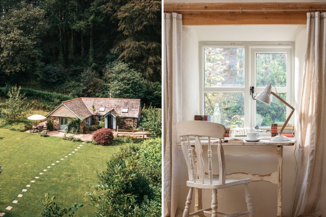 Stone and wood clad home among forestry, vignette of desk with linen curtains and garden views