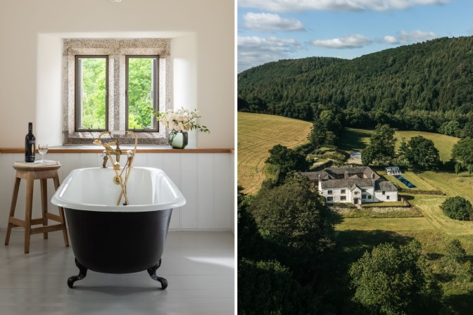 Clawfoot tub and simplistic interiors, Cornish country farmhouse with vast gardens and natural pool