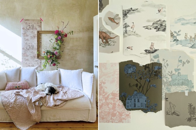 To the left is a photo of a lounge with Sian Zengs wallpaper, to the right are design swatche