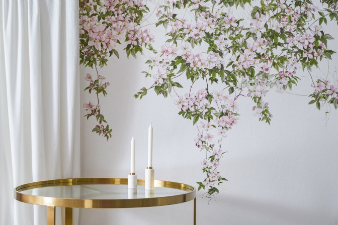 GP3480 - Clematis Mural depicts romantic, hand-painted flowers like a scene from Sleeping Beauty