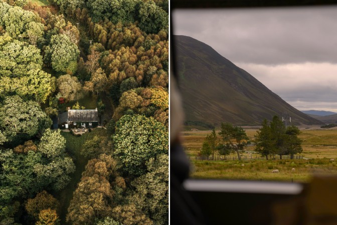 To the left is Little Eden on Loch Lomond, to the right is a train through Scotland