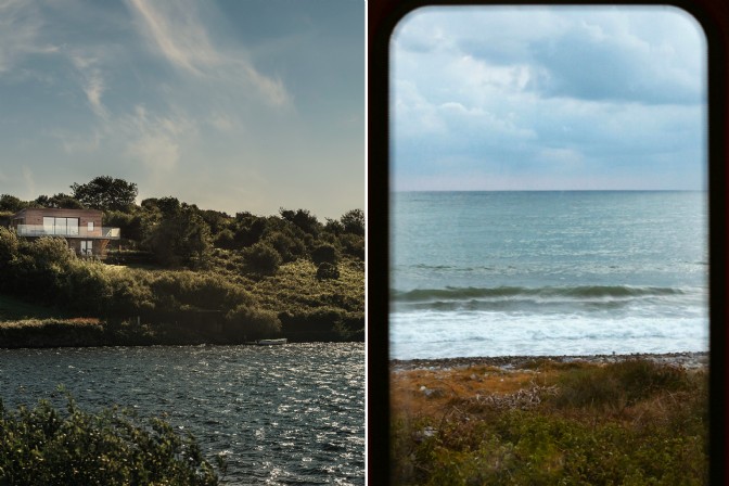 To the left is Nevada in Drift near Newlyn, to the right is the sea through the train window