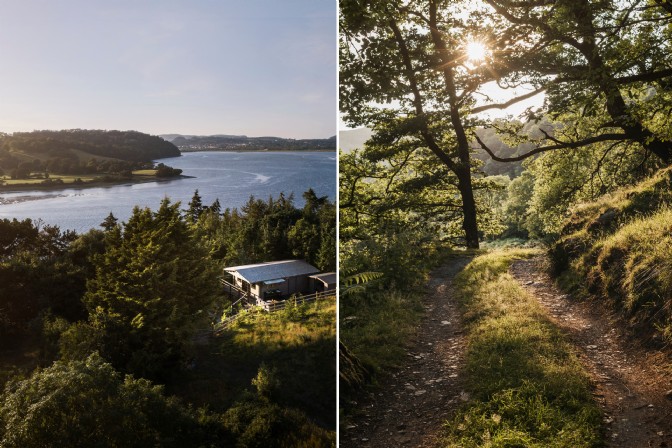 To the left is Ebony Wood in Snowdonia, to the right is a woodland road in Wales