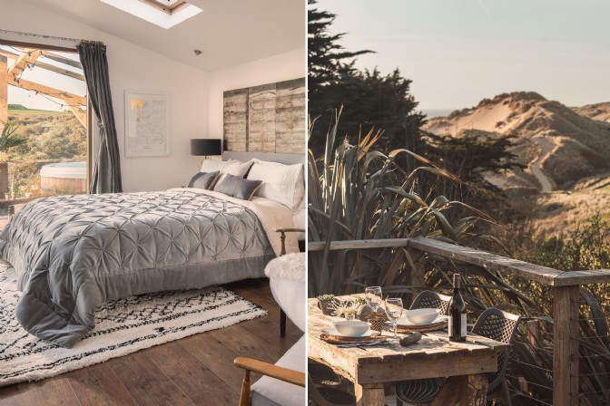 To the left is the sea-facing bedroom at The Limit, to the right is the al fresco table