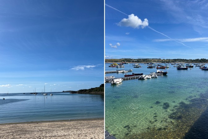 To the left is Porthcressa Beach and to the right is St Marys harbour