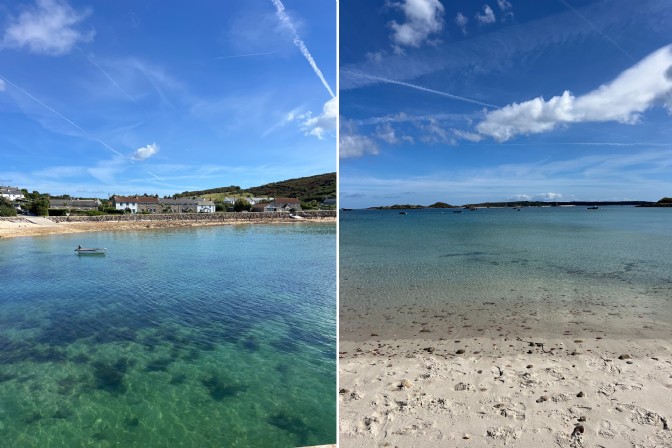 To the left is New Grimsby on Tresco and to the right is Green Porth beach