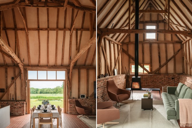 To the left is the view of the garden from Elberta Barn, to the right is the living room