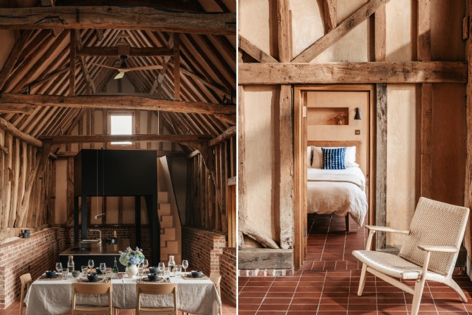 To the left is the kitchen at Elberta Barn, to the right is the view of the bedroom