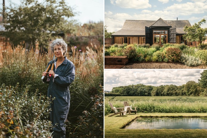 To the left is Elberta Barns owner Joanne, to the right is the garden and natural pool