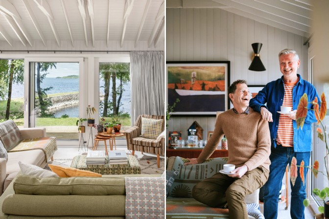 To the left is the living room at Walden Lakehouse, to the right is owners Egon and Richard