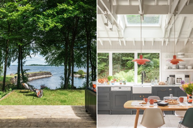 To the left is the garden with loch view at Walden Lakehouse, to the right is the kitchen