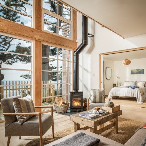 Ground floor open-plan living space with a cosy woodburner