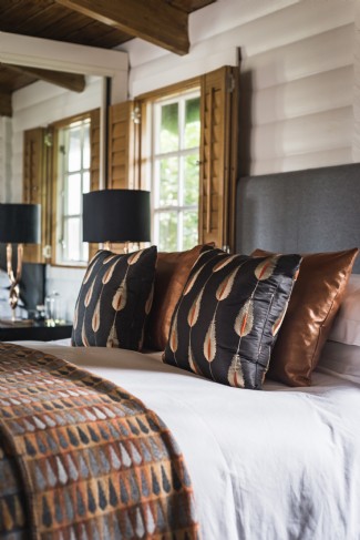 Calming hues style the bedroom for a restful slumber